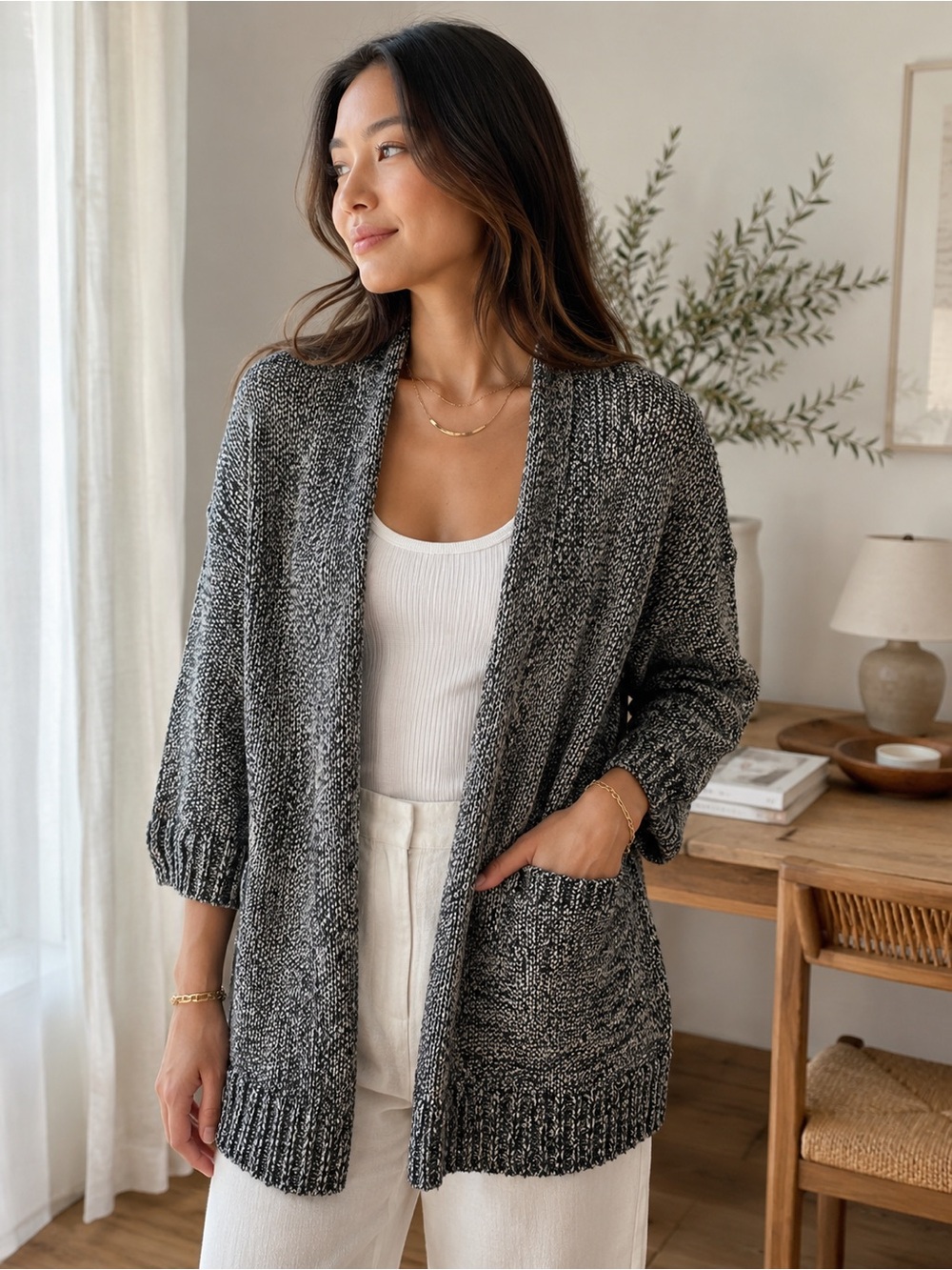 Vince Metallic Marled Linen Blend Open Cardigan XS